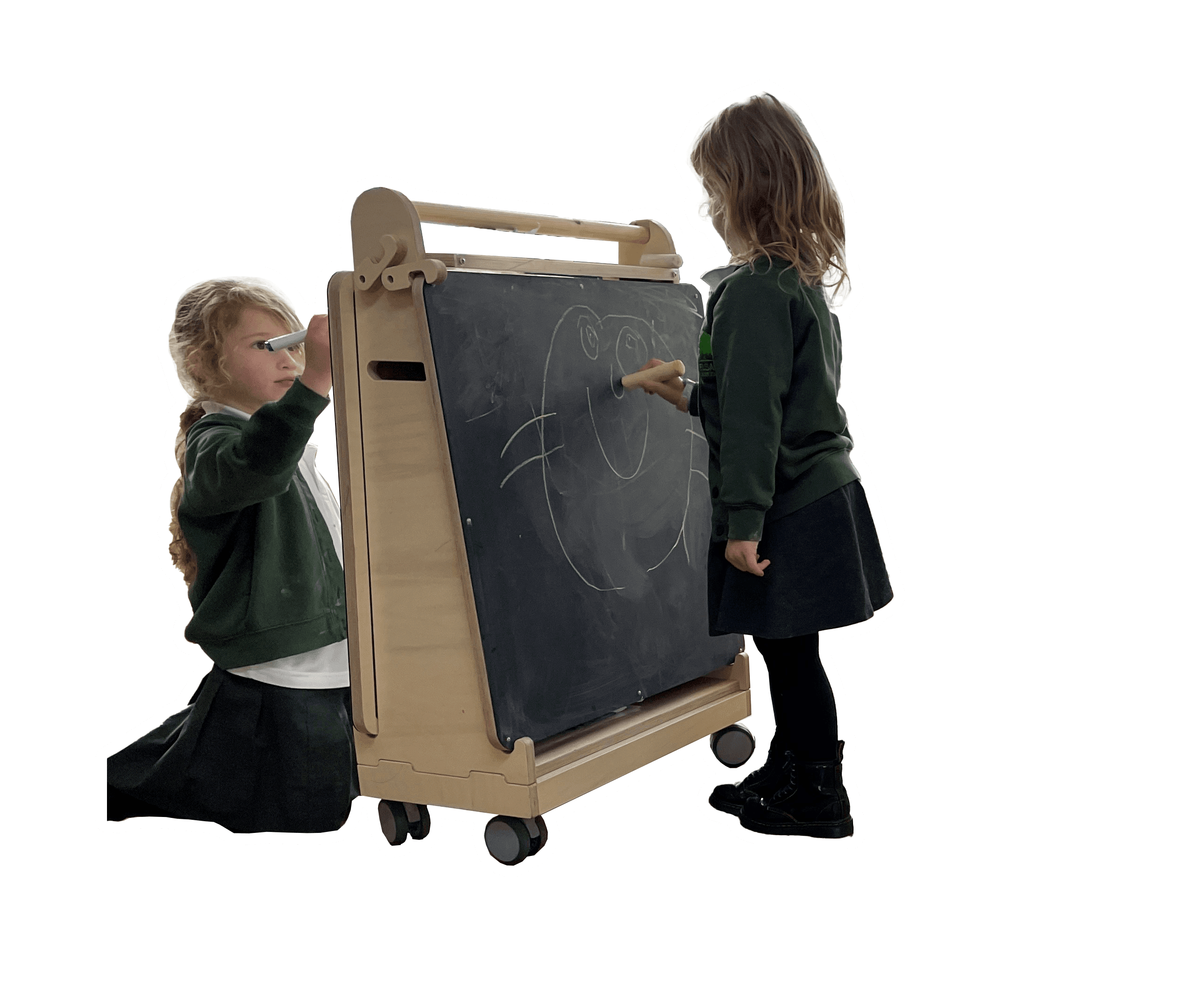 two school children drawing on art easel