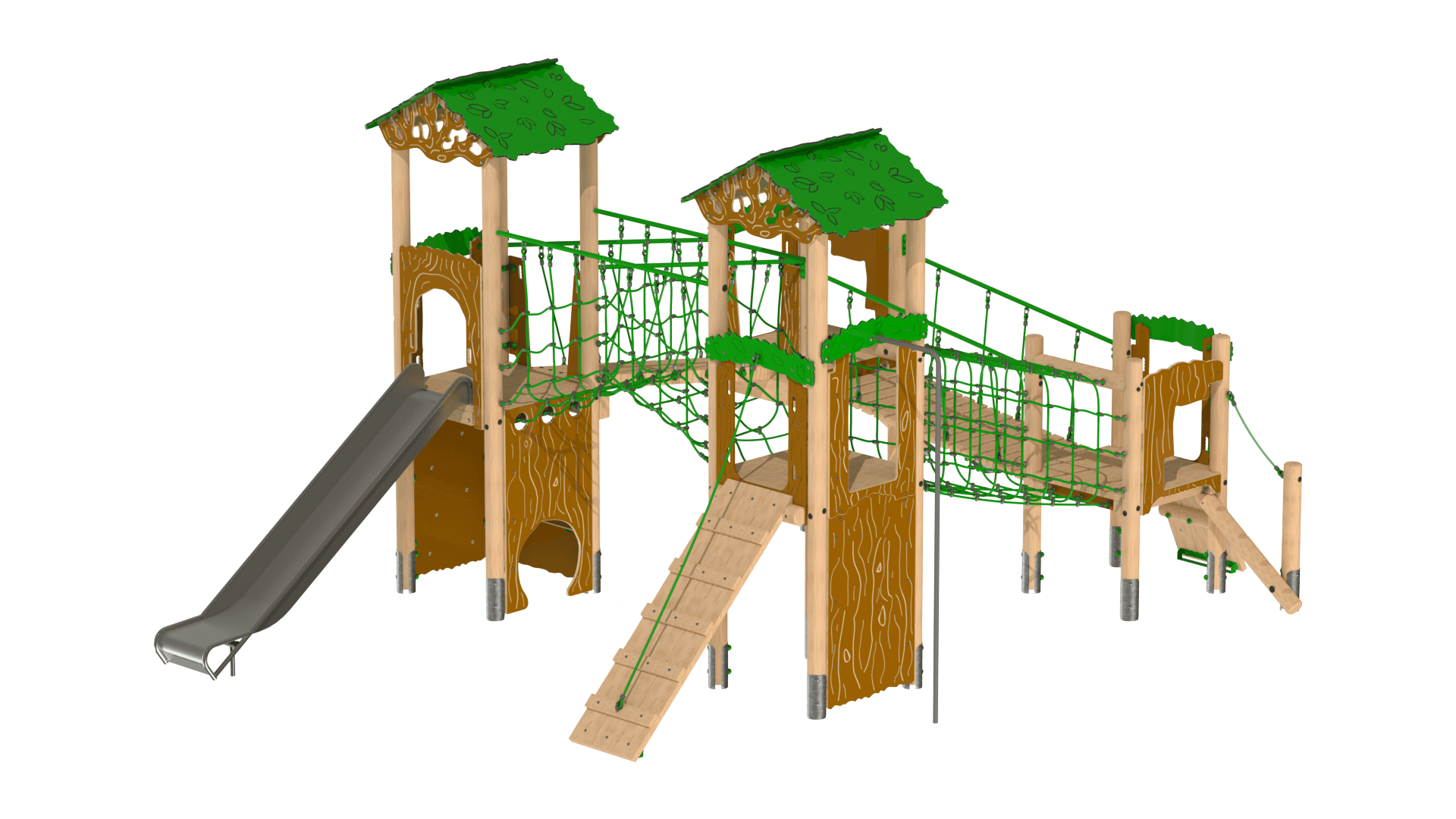 child climbing up climbing wall of play tower with slide