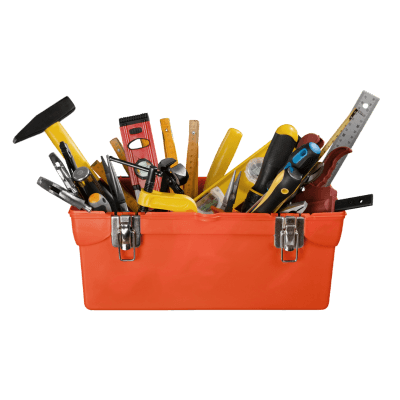 An orange tool bag with a variety of tools poking out the top. Each of these tools can be used during a playground inspection