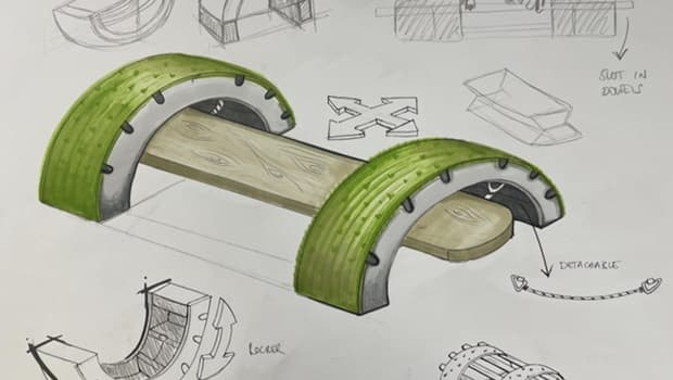 Sketch drawings of two small grass-covered bridges with a peice of wood connecting them, which is a design concept for some childrens outdoor play equipment