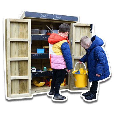 two pupils collecting an bucket of toys from an outdoor storage unit
