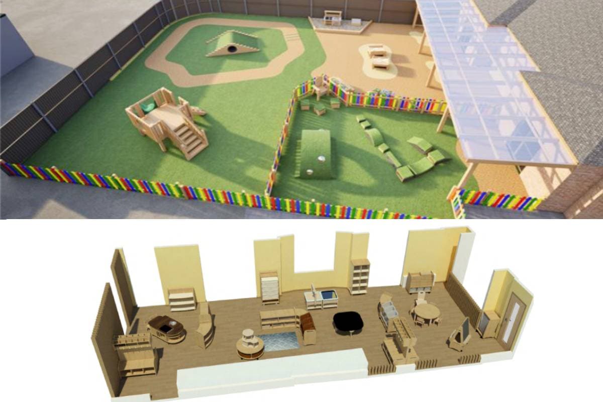 A 3D drawing of a nursery indoor and outdoor space with childrens furniture and equipment