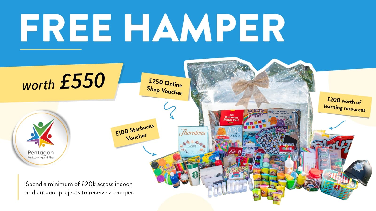 A promotional image of the contents of a hamper with a collection of school resources including paints, pencils, toys and books.