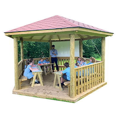 teacher with class of primary school students in outdoor classroom setting