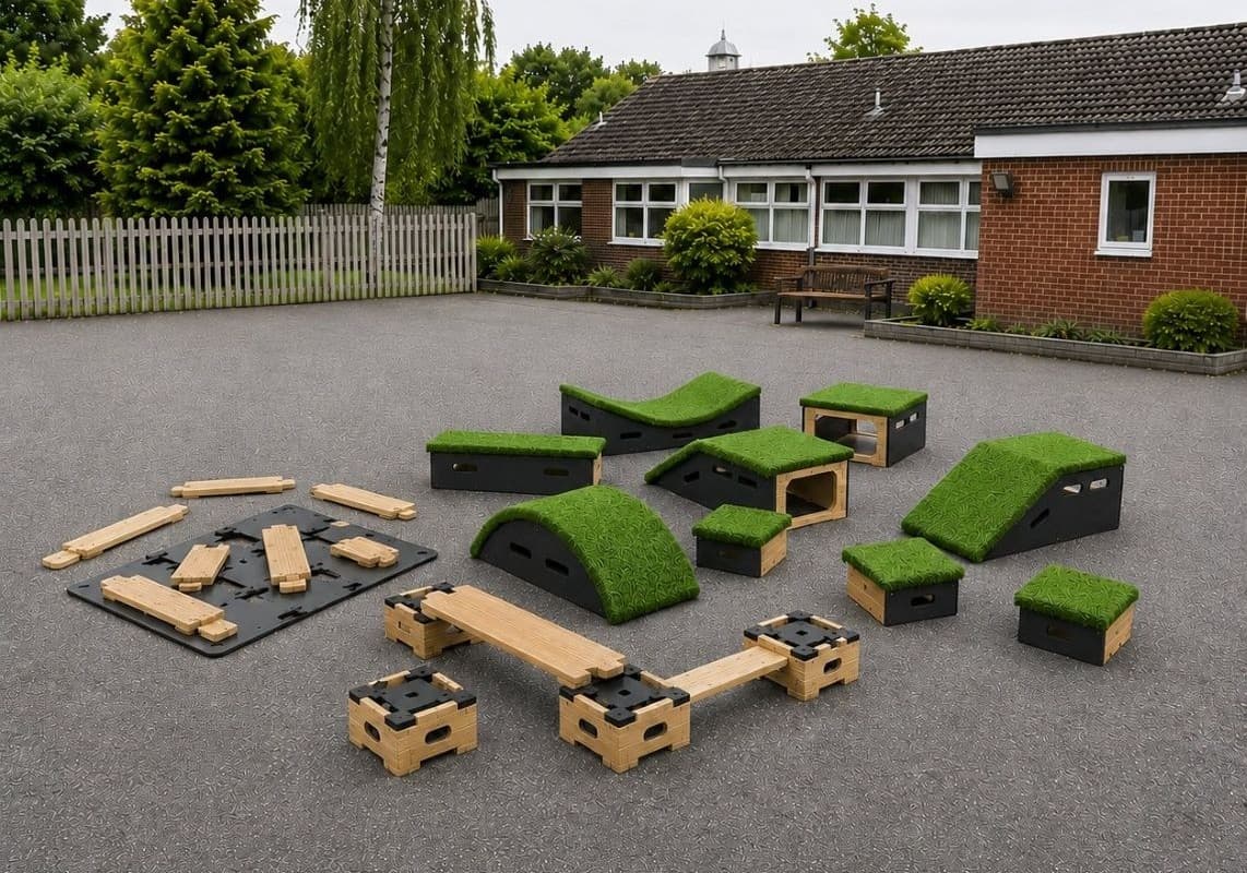 nursery children walking along a Play Builder set with a Get Set, Go! Blocks set positioned as a custom trim trail